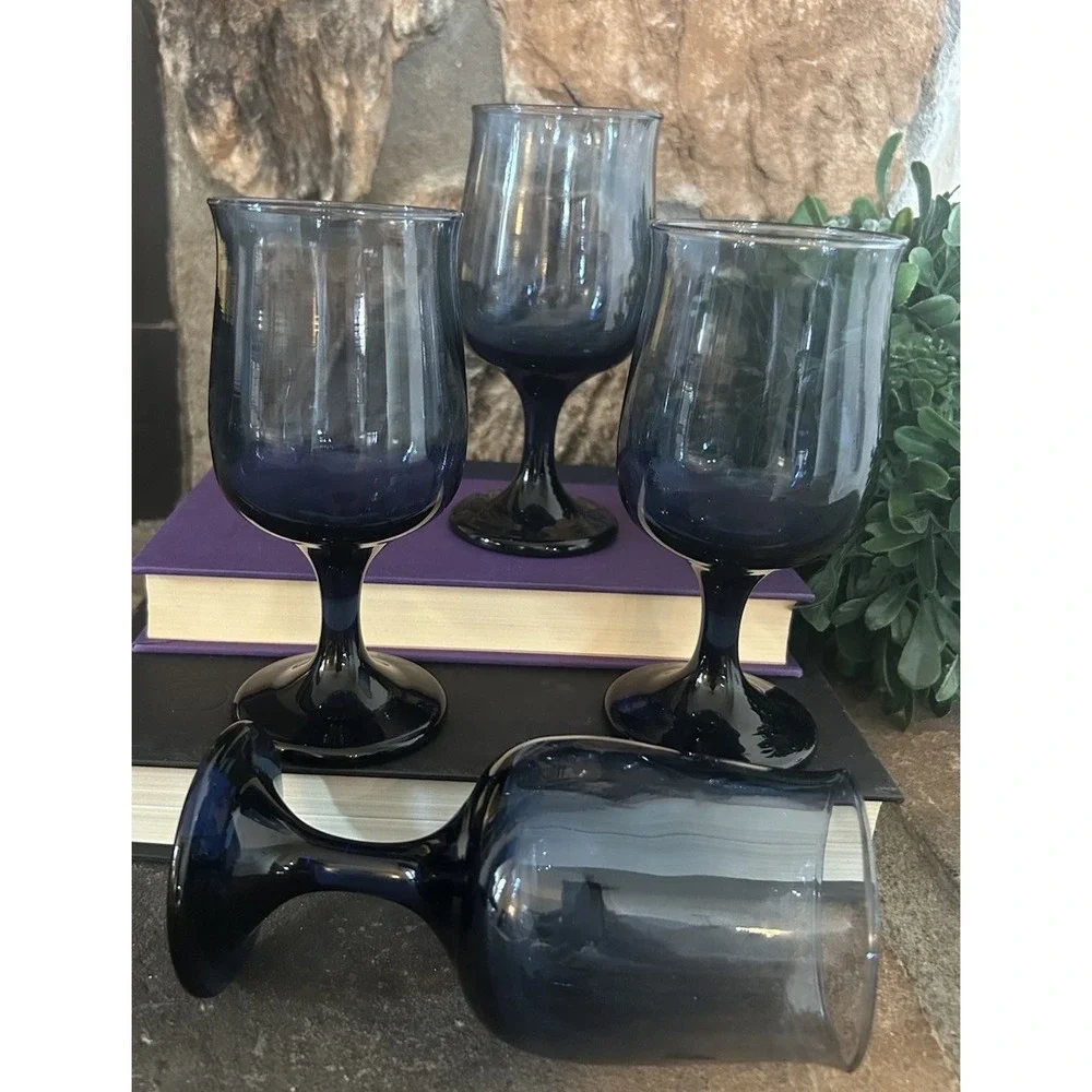 4 Vintage Libbey Connoisseur Dusky Blue Tulip Wine Glasses 6.5